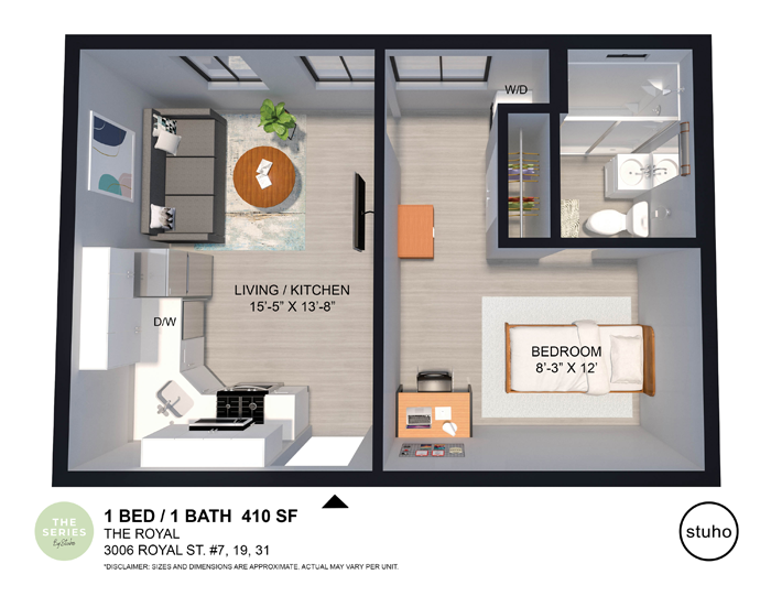 Floor plan for 1 bed, 1 bath, 365 sqft